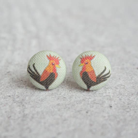 Rooster Fabric Button Earrings