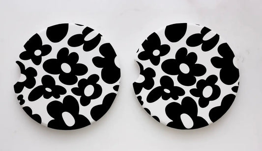 Black Retro Flowers Car Coaster