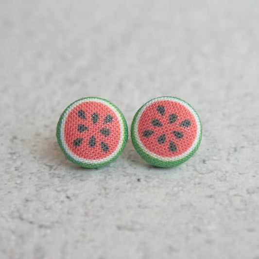Watermelons Fabric Button Earrings