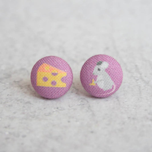Mouse & Cheese Fabric Button Earrings