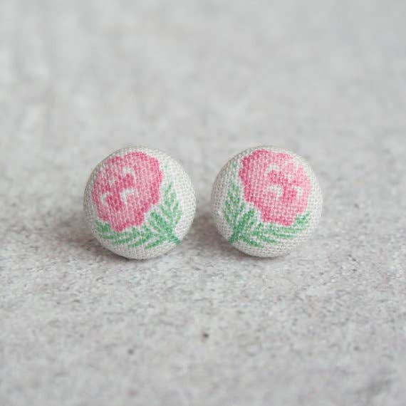Faded Rose Fabric Button Earrings