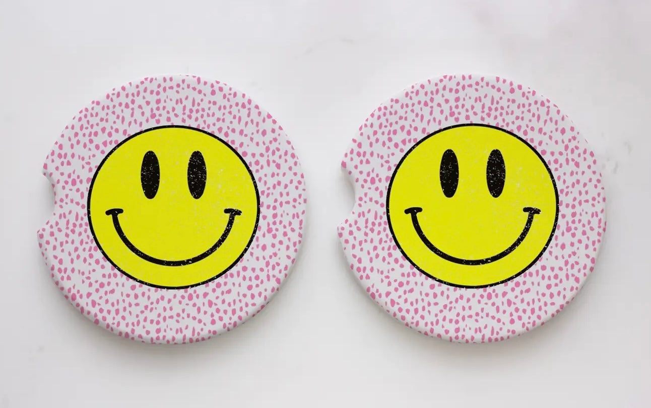 Pink Spots + Yellow Happy Face Car Coasters