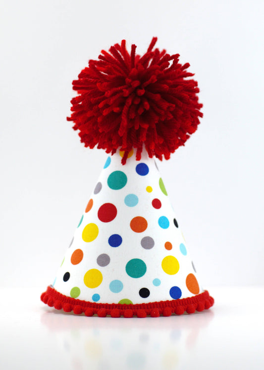 White Dots Red Pom Dog Party Hat