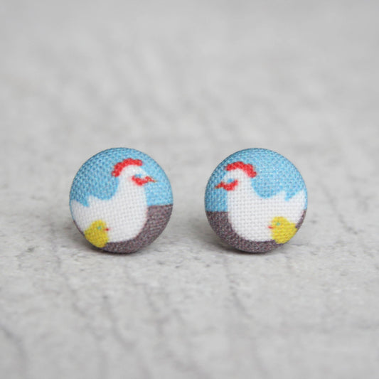 Hen and Chick Fabric Button Earrings