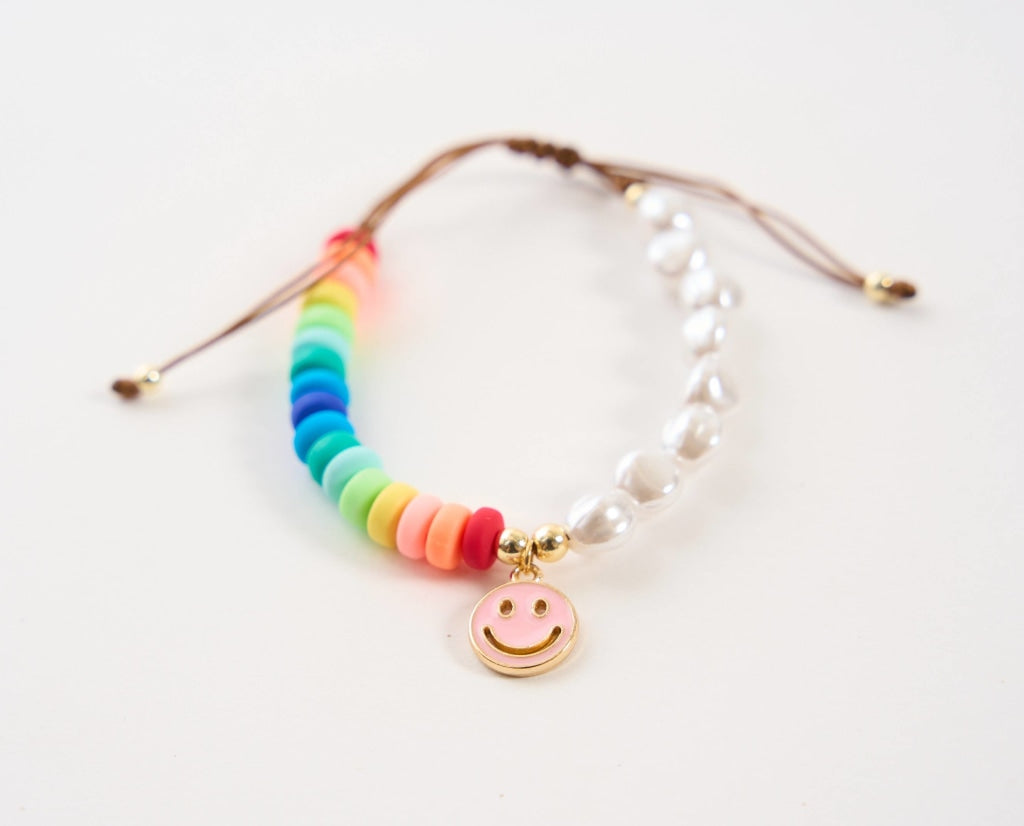 Pearl & Rainbow Beaded Smiley Face Bolo Bracelet